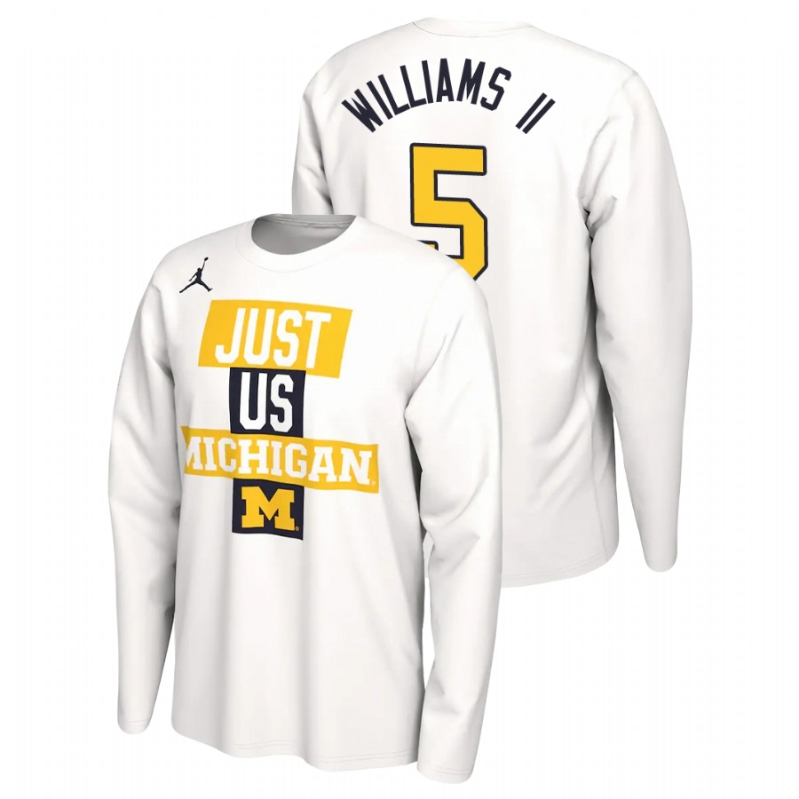Michigan Wolverines Men's NCAA Terrance Williams II #5 White 2021 Postseason JUST US Bench Long Sleeve College Basketball T-Shirt PVV5749KN